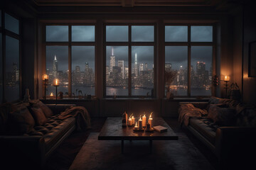 Looking out from a penthouse sweet in soft candle light across the river at a big city with skyscrapers and tall buildings and light