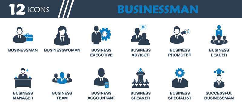 Businessman Icon Set. Collection of Businesswomen, Business Executive, Leader, Manager, Speaker, Team, Accountant, Advisor, Promoter, Specialist and More Icons. Editable Flat Vector Illustration.