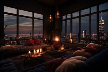 Interior lounge with striking view of a busy city metropolis with tall buildings and city lights,...