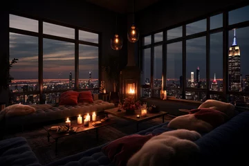 Fotobehang Interior lounge with striking view of a busy city metropolis with tall buildings and city lights, soft furnishings and candle light, pillows © Nick