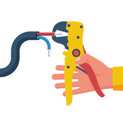 Wire strippers. Electrician holds a tool in hands. Stripping wires from insulation. Electrical work. Vector illustration flat design. Isolated on white background.