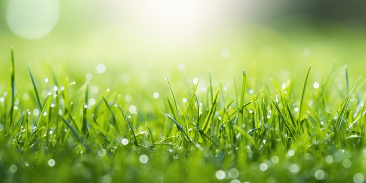 Natural spring grass background with blurred bokeh and sun. Generative AI