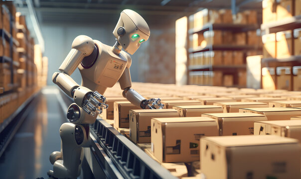 a robot pulls boxes on a conveyor