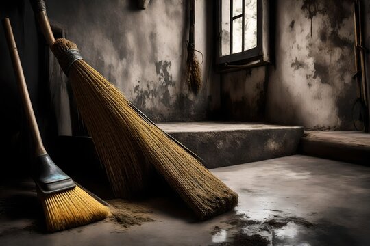 broom on the wall of a haunted house