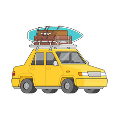 Orange travel car with surfboards and luggage on the roof isolated vector illustration