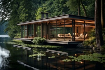 Fototapeta na wymiar Scenic wooden lakeside house, surrounded by nature. Generative AI