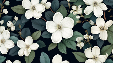 Delicate White Flowers and Green Leaves Adorned on an Indigo Background, Leaves, Flowers