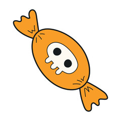 Candy in wrapper with skull hand drawn Halloween illustration. Cartoon style line art design, isolated vector. Kids seasonal print element, autumn holiday, trick or treat tradition, sweet food