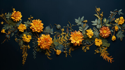 Intricate Marigold Garland with Verdant Leaves Against a Deep Indigo Backdrop, Leaves, Flowers