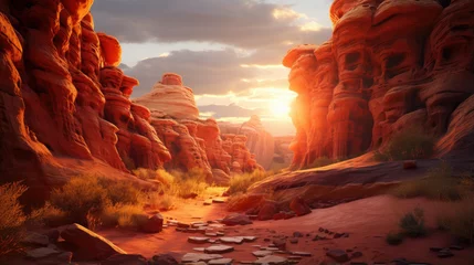 Fototapeten Explore the mystical charm of a hidden canyon bathed in warm sunset light, using a film camera to capture the intricate rock formations and vibrant hues of the desert landscape. © Muhammad