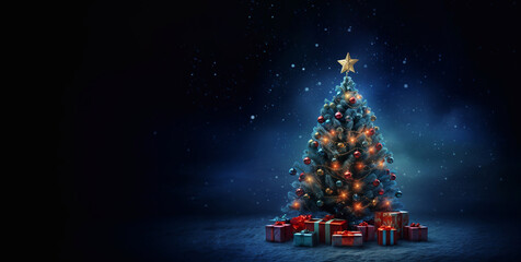 Christmas tree with decoration, presents and garland
