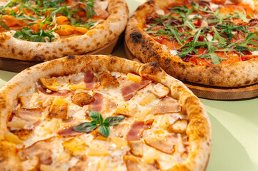 Delicious pizza on the table, view from the top