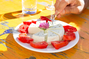 Ziegenkäse mit Tomaten mit Rotklee
