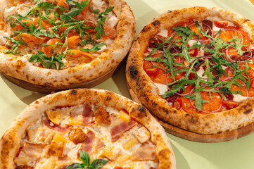 Delicious pizza on the table, view from the top