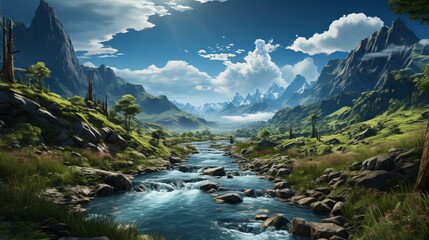 Naklejka na ściany i meble Serene Beauty: Exploring Majestic Landscapes of Mountains, Valleys, and Flowing Waters in Summer, generative AI