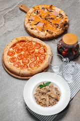 Delicious pizza on the table, view from the top