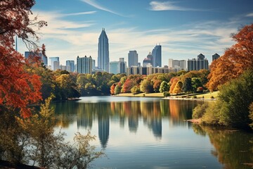 Autumn skyline of Atlanta, Georgia at Piedmont Park. Generative AI - obrazy, fototapety, plakaty
