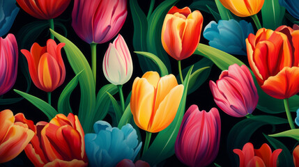 Fototapeta premium Tulip Tapestry in Full Bloom: A Vibrant and Enchanting Pattern Celebrating the Radiance of Tulips in All Their Glory