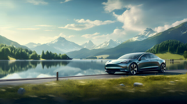 A Modern EV car at a charging station for a green electric car next to a lake.