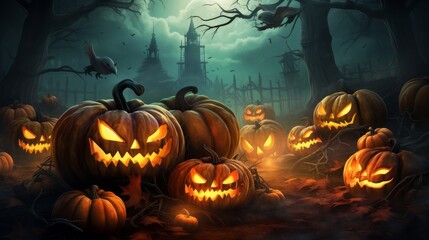 Jack O' Lanterns glowing in a fantastic night. Halloween background - obrazy, fototapety, plakaty