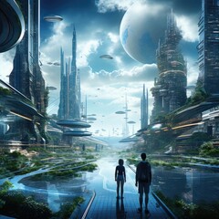 Man and woman standing on the road and looking at the futuristic city