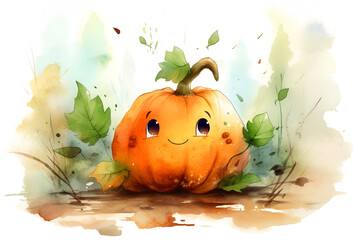 Watercolor illustration of a funny pumpkin character 1