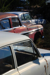 vintage cars in faded condition parking in a row at junk yard