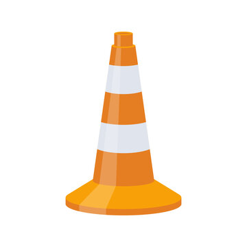Traffic sign, isolated on white background, orange cone with white stripes. Vector illustration flat design.