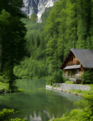 Obraz premium rustic beauty of an old mountain chalet, nestled in a dense forest and overlooking a tranquil lake. 