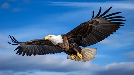 Foto auf Alu-Dibond a graceful and powerful bald eagle soaring against a clear blue sky, symbolizing freedom and strength © Muhammad