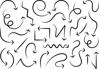 Set of black and white simple arrows. Different direction dynamic pointers. Vector navigation cursors. Isolated elements.