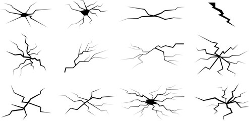 Cracks icon set. Vector isolated strike elements. Different shaped fractures. Crack from hit and crash on earth, ice, window. Set of simple black and white hits.