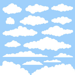 Set of simple vector clouds. Abstract white clouds different shapes and sizes. Isolated on blue background. Vector illustration.