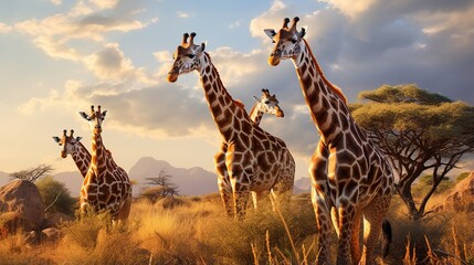 a group of giraffes gracefully grazing on treetop foliage in the African savannah, the epitome of elegance in nature
