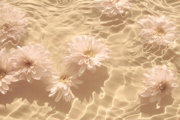 pink dahlias in a beige rippled water with sun glares flat lay