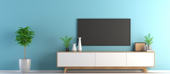 Minimal living room with TV on blue wall and laminate cabinet on white floor rendered interior design