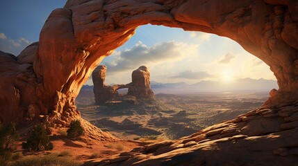 a majestic natural arch carved by erosion, framing a breathtaking view of a distant valley and horizon - obrazy, fototapety, plakaty