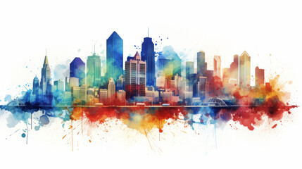 Fototapeta premium Watercolor City Skyline Silhouette: A Delicately Painted Urban Horizon, Perfect for Artistic Projects and Creative Cityscapes
