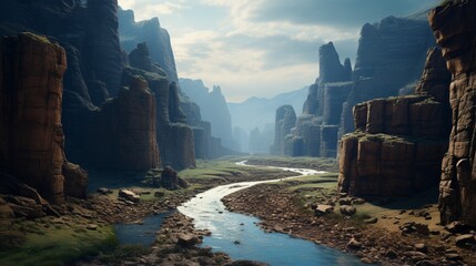 a pristine and untouched canyon carved by a meandering river, showcasing the geological forces at work over millennia - obrazy, fototapety, plakaty