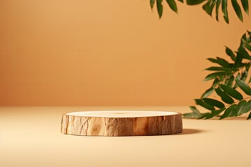 Wood slice podium on beige background for cosmetic product mockup, Generative AI 