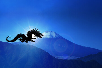 辰年年賀状-飛翔する龍と富士山 - obrazy, fototapety, plakaty