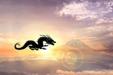 辰年年賀状-飛翔する龍と富士山