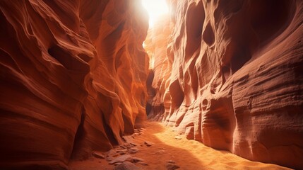 a rugged and winding slot canyon, with narrow passages and shafts of sunlight illuminating the colorful sandstone walls