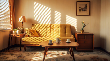 retro interior ,yellow sofa on carpet in cozy living room morning light through window.