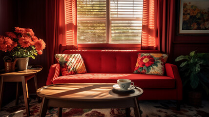 retro interior ,red sofa on carpet with red flower vase in cozy living room morning light through window.