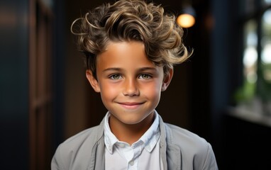 The cute 10 year school boy stands smiling in front of the camera. Generative AI