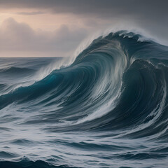 Photoreal dark ocean high waves background for web banner or backdrop. Hyper realistic painting. Generative AI.	