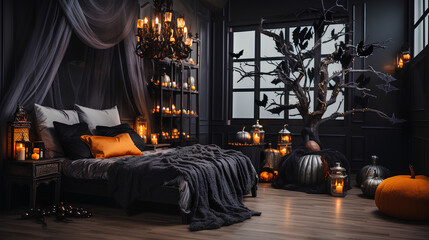 Creative Halloween decorated room. Halloween inspired bedroom with black branches, pumpkins, bats and candles. Room with black and orange colors.