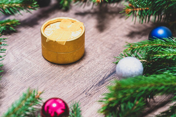 Christmas gift.  Spruce branches. surprise