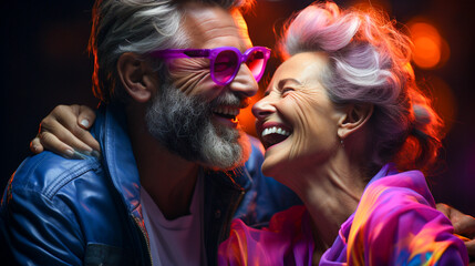 Modern Old Lady Women & Man Smiling with Sun Glasses on Pink & Blue Background. Neon Dark Stage Shows Empty Room: Neon Light, Spotlights,  Dance Floor.
